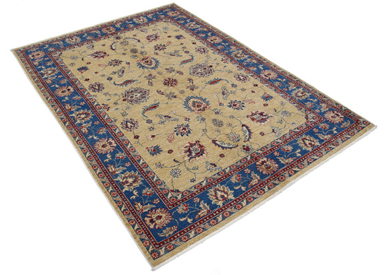 Traditional Hand Knotted Ziegler Farhan Wool Rug of Size 4'9'' X 6'7'' in Gold and Blue Colors - Made in Afghanistan