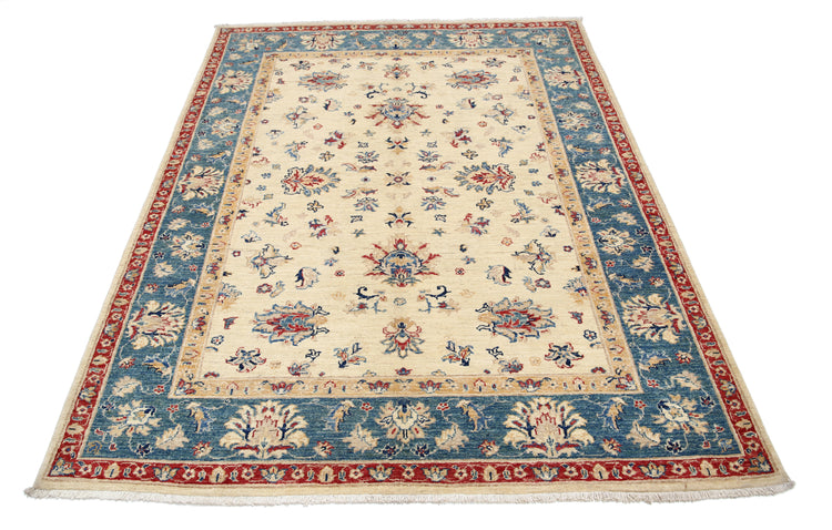 Traditional Hand Knotted Ziegler Farhan Wool Rug of Size 4'11'' X 6'7'' in Ivory and Blue Colors - Made in Afghanistan