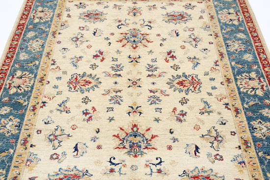 Traditional Hand Knotted Ziegler Farhan Wool Rug of Size 4'11'' X 6'7'' in Ivory and Blue Colors - Made in Afghanistan