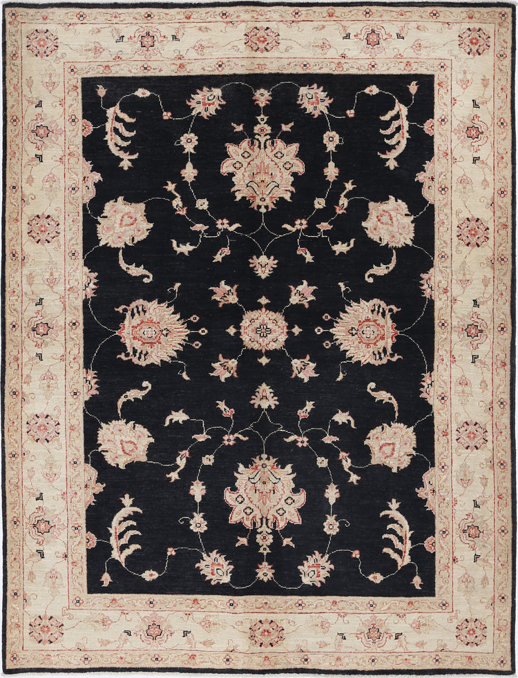 Traditional Hand Knotted Ziegler Farhan Wool Rug of Size 5'2'' X 6'8'' in Black and Ivory Colors - Made in Afghanistan