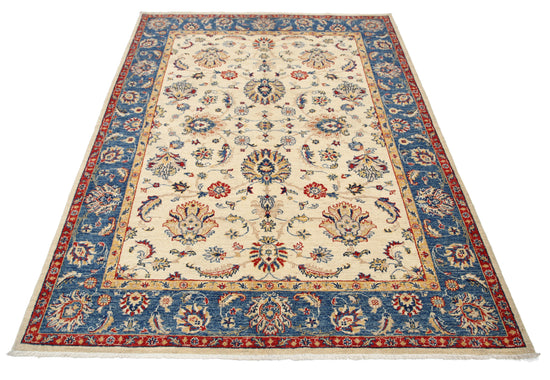 Traditional Hand Knotted Ziegler Farhan Wool Rug of Size 4'10'' X 6'7'' in Ivory and Blue Colors - Made in Afghanistan