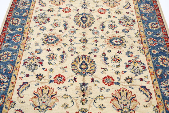 Traditional Hand Knotted Ziegler Farhan Wool Rug of Size 4'10'' X 6'7'' in Ivory and Blue Colors - Made in Afghanistan