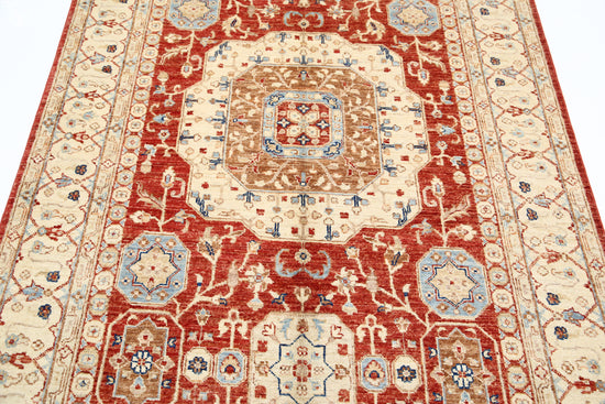 Traditional Hand Knotted Ziegler Farhan Wool Rug of Size 4'7'' X 7'0'' in Red and Ivory Colors - Made in Afghanistan