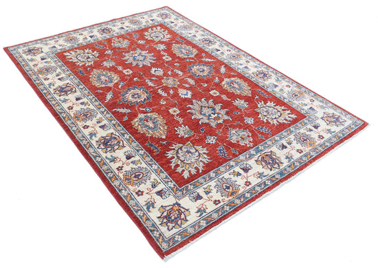 Traditional Hand Knotted Ziegler Farhan Wool Rug of Size 4'10'' X 6'6'' in Red and Ivory Colors - Made in Afghanistan