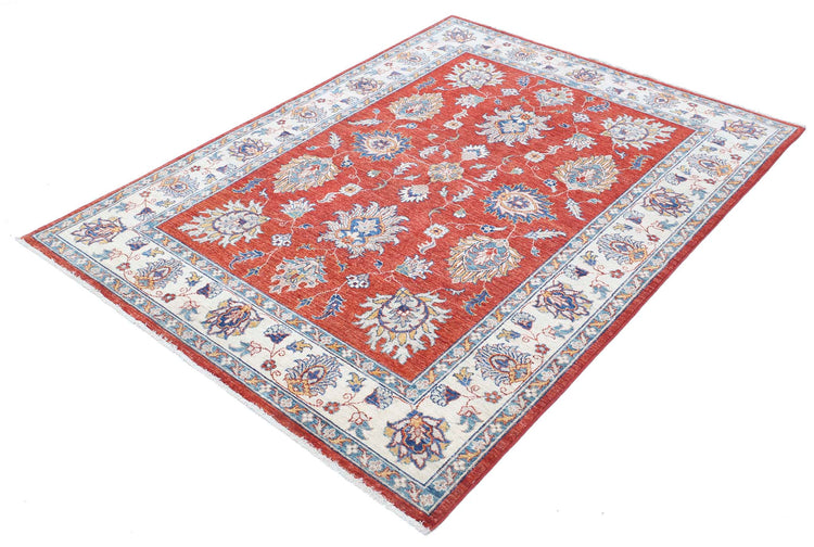 Traditional Hand Knotted Ziegler Farhan Wool Rug of Size 4'10'' X 6'6'' in Red and Ivory Colors - Made in Afghanistan