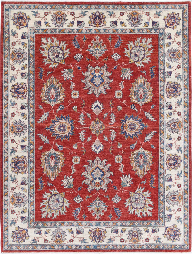 Traditional Hand Knotted Ziegler Farhan Wool Rug of Size 4'10'' X 6'6'' in Red and Ivory Colors - Made in Afghanistan