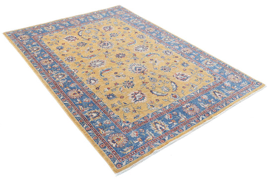 Traditional Hand Knotted Ziegler Farhan Wool Rug of Size 5'0'' X 6'8'' in Gold and Blue Colors - Made in Afghanistan
