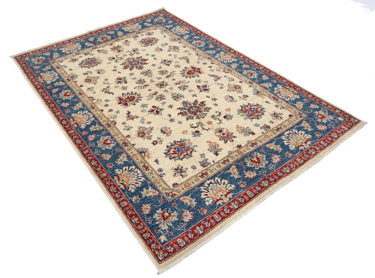 Traditional Hand Knotted Ziegler Farhan Wool Rug of Size 4'9'' X 6'8'' in Ivory and Blue Colors - Made in Afghanistan
