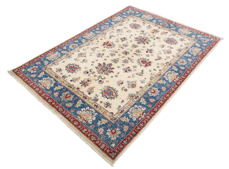 Traditional Hand Knotted Ziegler Farhan Wool Rug of Size 4'9'' X 6'8'' in Ivory and Blue Colors - Made in Afghanistan