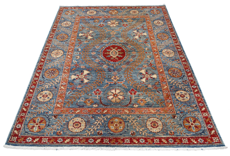Traditional Hand Knotted Suzani Farhan Wool Rug of Size 4'10'' X 6'7'' in Blue and Blue Colors - Made in Afghanistan
