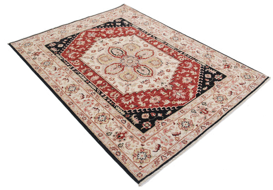 Traditional Hand Knotted Ziegler Farhan Wool Rug of Size 4'10'' X 6'2'' in Black and Ivory Colors - Made in Afghanistan
