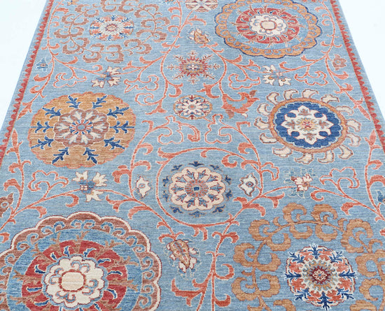 Traditional Hand Knotted Ziegler Farhan Wool Rug of Size 5'0'' X 6'4'' in Blue and Blue Colors - Made in Afghanistan