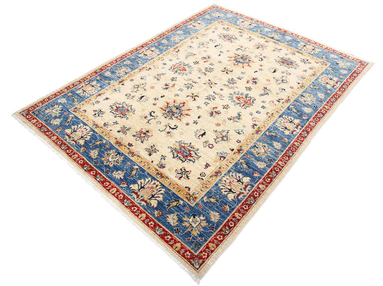 Traditional Hand Knotted Ziegler Farhan Wool Rug of Size 5'0'' X 6'7'' in Ivory and Blue Colors - Made in Afghanistan