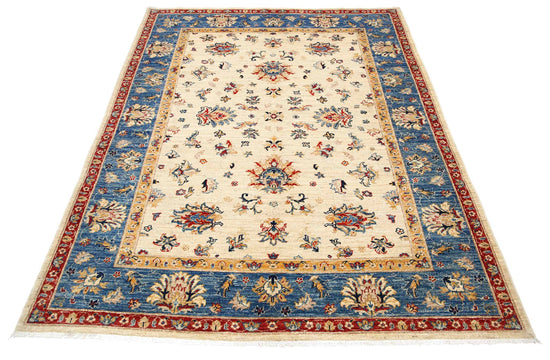 Traditional Hand Knotted Ziegler Farhan Wool Rug of Size 5'0'' X 6'7'' in Ivory and Blue Colors - Made in Afghanistan