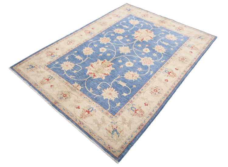 Traditional Hand Knotted Ziegler Farhan Wool Rug of Size 4'10'' X 6'8'' in Blue and Ivory Colors - Made in Afghanistan