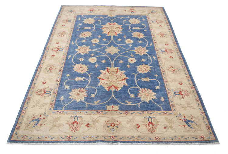 Traditional Hand Knotted Ziegler Farhan Wool Rug of Size 4'10'' X 6'8'' in Blue and Ivory Colors - Made in Afghanistan