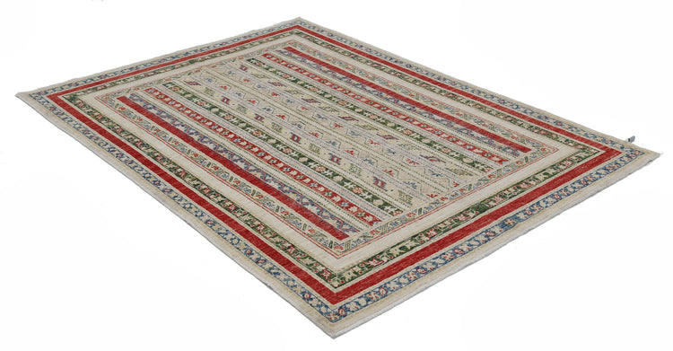 Traditional Hand Knotted Shaal Farhan Wool Rug of Size 4'10'' X 6'6'' in Ivory and Multi Colors - Made in Afghanistan