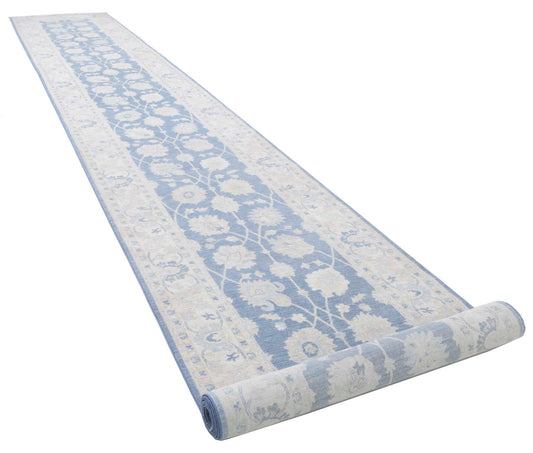 Traditional Hand Knotted Serenity Farhan Wool Rug of Size 3'11'' X 26'5'' in Blue and Ivory Colors - Made in Afghanistan
