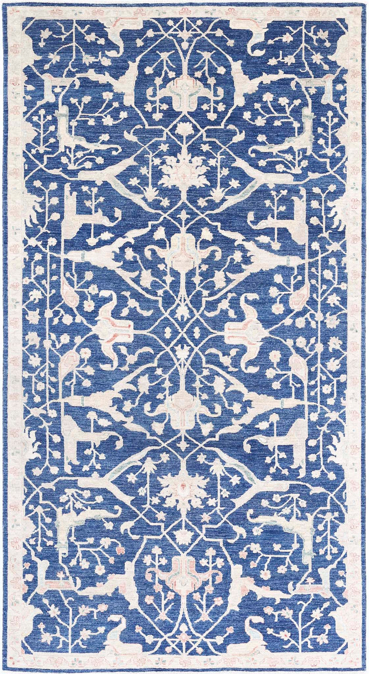 Traditional Hand Knotted Ziegler Farhan Wool Rug of Size 4'10'' X 9'3'' in Blue and Blue Colors - Made in Afghanistan