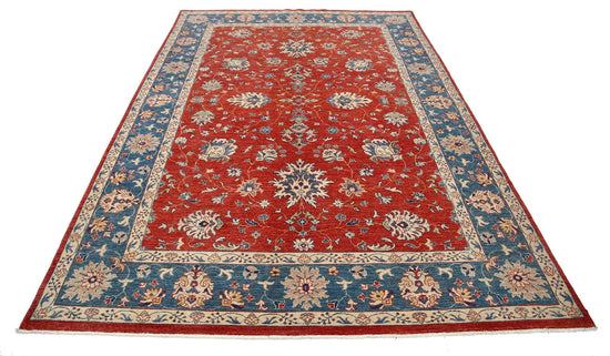 Traditional Hand Knotted Ziegler Farhan Wool Rug of Size 6'5'' X 9'3'' in Red and Teal Colors - Made in Afghanistan