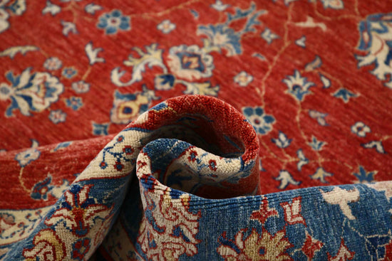 Traditional Hand Knotted Ziegler Farhan Wool Rug of Size 6'5'' X 9'3'' in Red and Teal Colors - Made in Afghanistan
