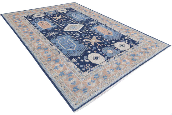 Traditional Hand Knotted Ziegler Farhan Wool Rug of Size 6'8'' X 9'8'' in Blue and Rust Colors - Made in Afghanistan