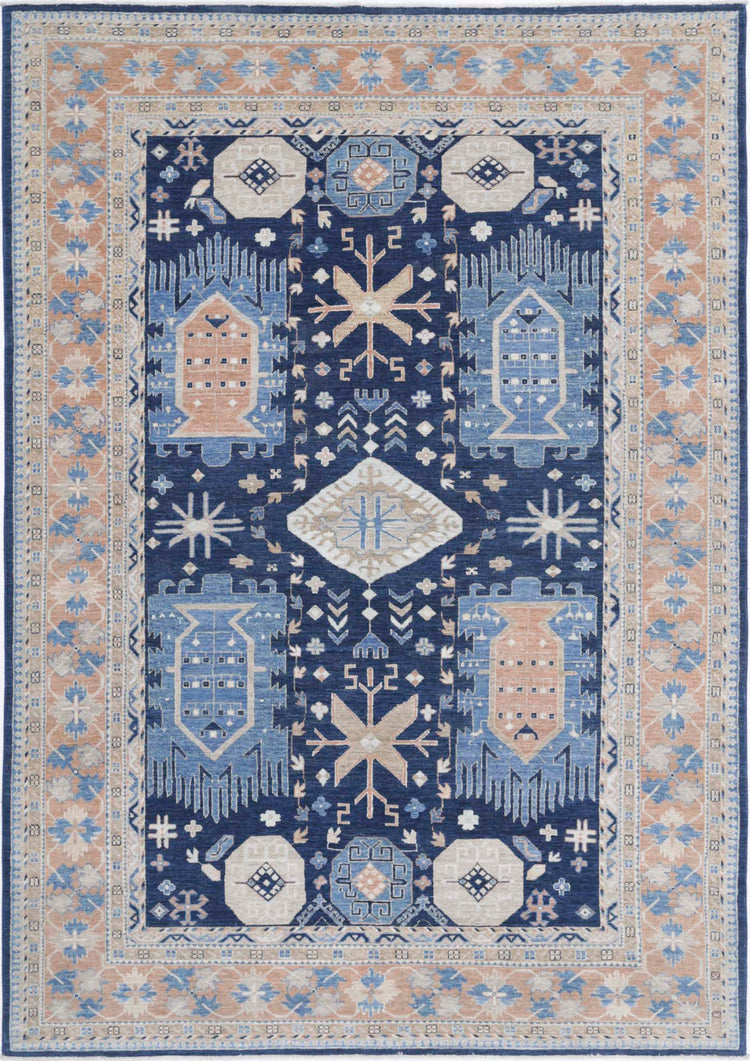 Traditional Hand Knotted Ziegler Farhan Wool Rug of Size 6'8'' X 9'8'' in Blue and Rust Colors - Made in Afghanistan