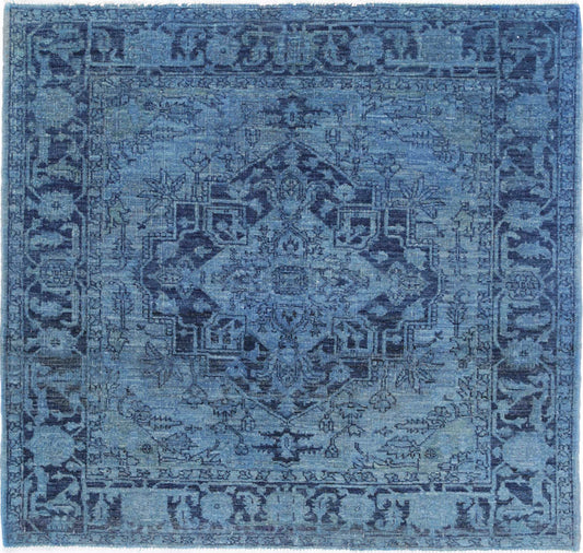 Transitional Hand Knotted Overdyed Farhan Wool Rug of Size 4'1'' X 4'4'' in Blue and Blue Colors - Made in Afghanistan