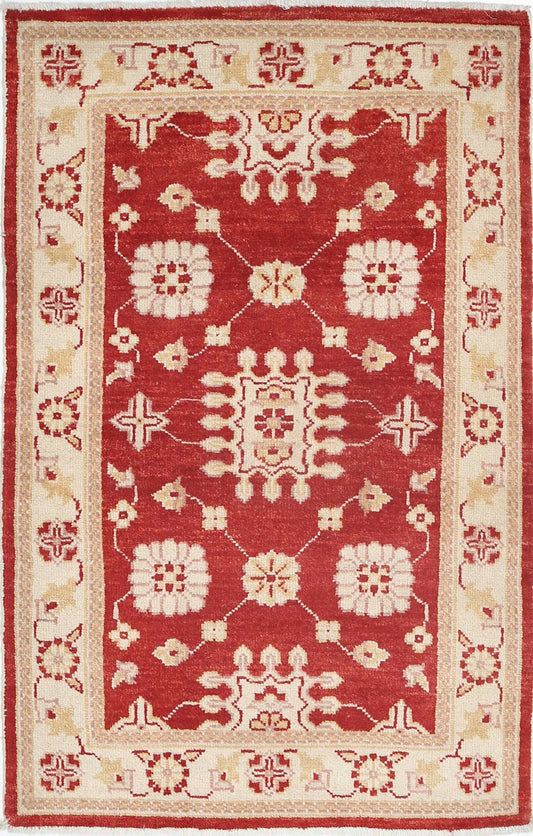 Traditional Hand Knotted Ziegler Farhan Wool Rug of Size 2'6'' X 4'1'' in Red and Ivory Colors - Made in Afghanistan