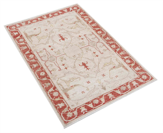 Traditional Hand Knotted Ziegler Farhan Wool Rug of Size 2'7'' X 3'10'' in Ivory and Red Colors - Made in Afghanistan