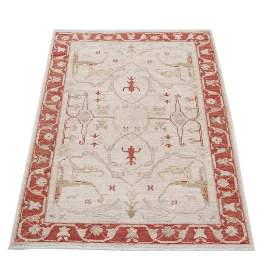 Traditional Hand Knotted Ziegler Farhan Wool Rug of Size 2'7'' X 3'10'' in Ivory and Red Colors - Made in Afghanistan