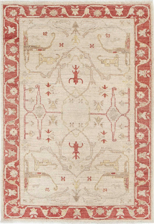 Traditional Hand Knotted Ziegler Farhan Wool Rug of Size 2'7'' X 3'10'' in Ivory and Red Colors - Made in Afghanistan