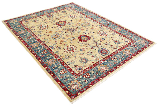 Traditional Hand Knotted Ziegler Farhan Wool Rug of Size 5'9'' X 7'4'' in Gold and Teal Colors - Made in Afghanistan