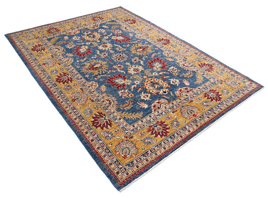 Traditional Hand Knotted Ziegler Farhan Wool Rug of Size 5'8'' X 7'9'' in Blue and Gold Colors - Made in Afghanistan