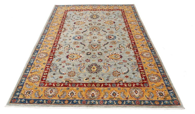 Traditional Hand Knotted Ziegler Farhan Wool Rug of Size 5'6'' X 7'9'' in Grey and Gold Colors - Made in Afghanistan