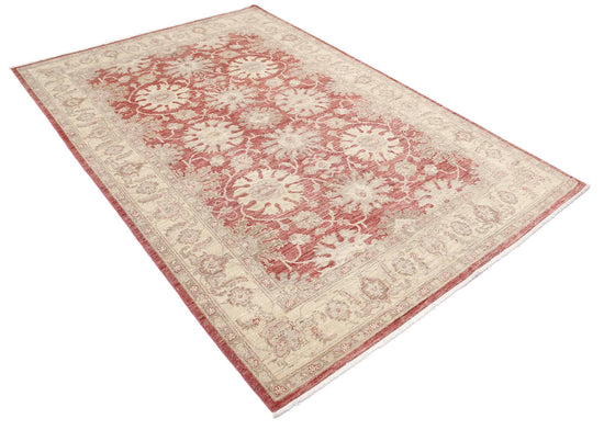Traditional Hand Knotted Ziegler Farhan Wool Rug of Size 5'5'' X 8'0'' in Red and Ivory Colors - Made in Afghanistan