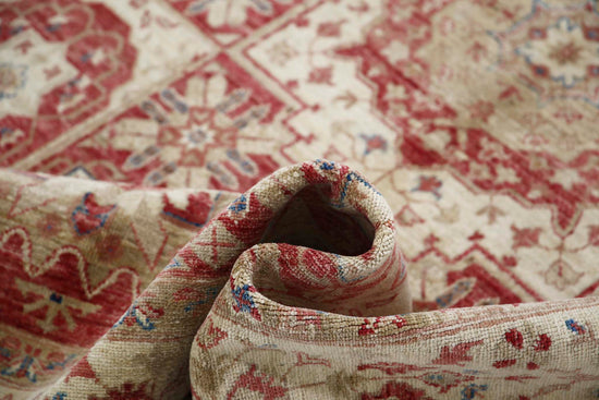Traditional Hand Knotted Ziegler Farhan Wool Rug of Size 5'7'' X 8'4'' in Red and Ivory Colors - Made in Afghanistan