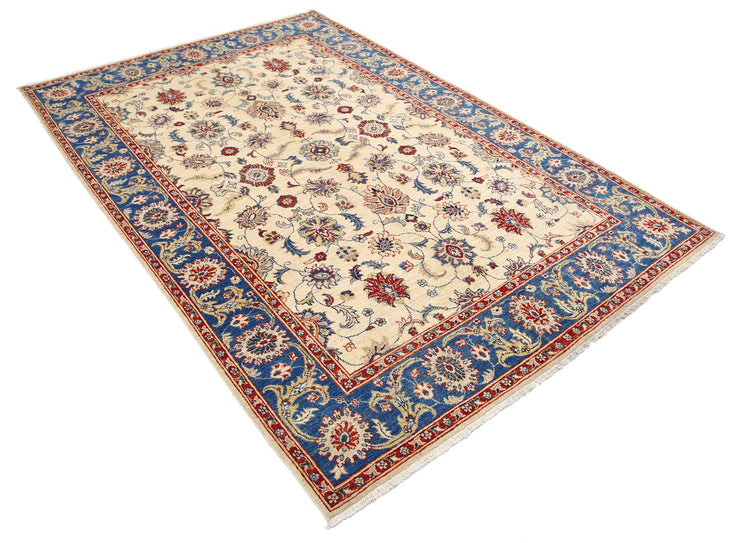 Traditional Hand Knotted Ziegler Farhan Wool Rug of Size 5'5'' X 7'11'' in Ivory and Blue Colors - Made in Afghanistan