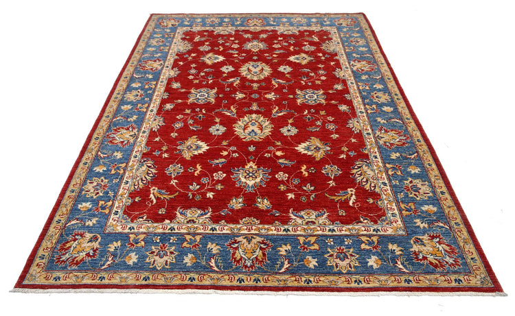 Traditional Hand Knotted Ziegler Farhan Wool Rug of Size 5'9'' X 8'4'' in Red and Blue Colors - Made in Afghanistan