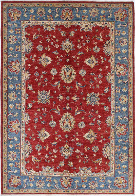 Traditional Hand Knotted Ziegler Farhan Wool Rug of Size 5'9'' X 8'4'' in Red and Blue Colors - Made in Afghanistan