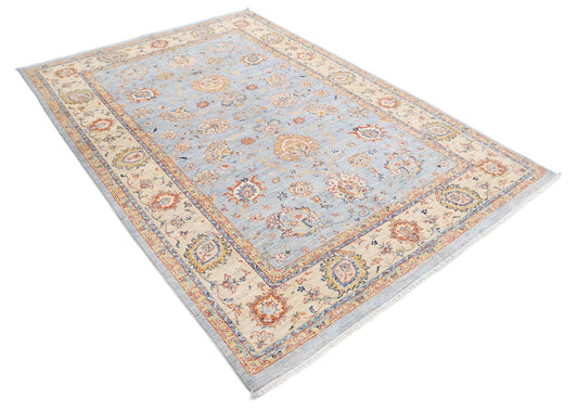 Traditional Hand Knotted Ziegler Farhan Wool Rug of Size 5'7'' X 7'11'' in Grey and Ivory Colors - Made in Afghanistan