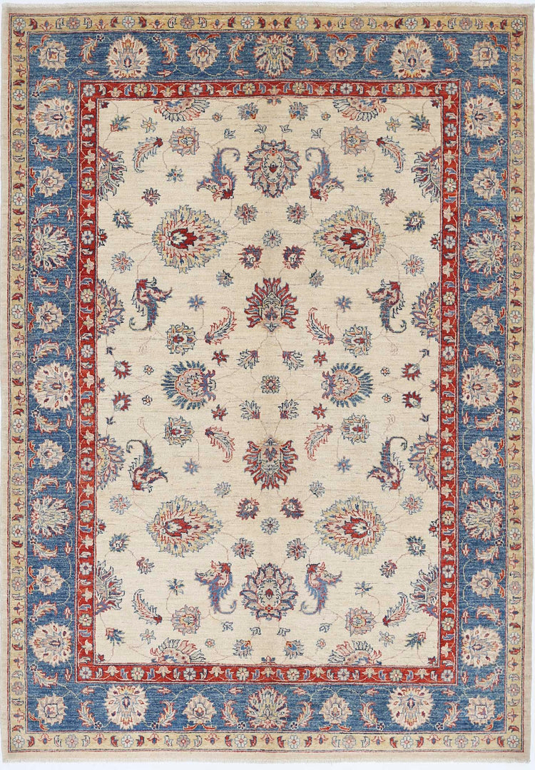 Traditional Hand Knotted Ziegler Farhan Wool Rug of Size 5'5'' X 7'8'' in Ivory and Blue Colors - Made in Afghanistan