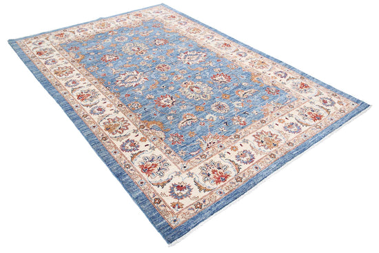 Traditional Hand Knotted Ziegler Farhan Wool Rug of Size 5'7'' X 8'1'' in Blue and Ivory Colors - Made in Afghanistan