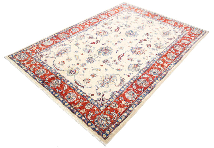 Traditional Hand Knotted Ziegler Farhan Wool Rug of Size 5'5'' X 7'9'' in Ivory and Red Colors - Made in Afghanistan