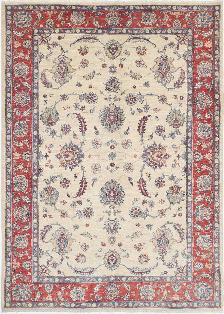 Traditional Hand Knotted Ziegler Farhan Wool Rug of Size 5'5'' X 7'9'' in Ivory and Red Colors - Made in Afghanistan