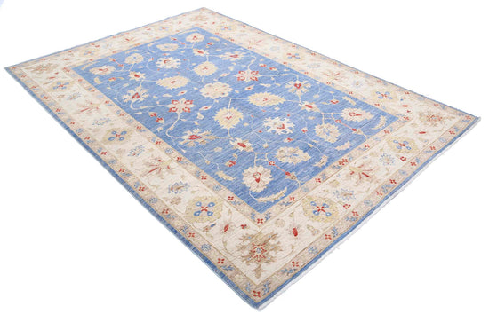Traditional Hand Knotted Ziegler Farhan Wool Rug of Size 5'7'' X 7'11'' in Blue and Ivory Colors - Made in Afghanistan