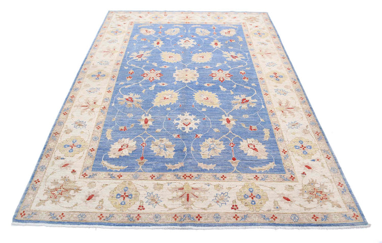 Traditional Hand Knotted Ziegler Farhan Wool Rug of Size 5'7'' X 7'11'' in Blue and Ivory Colors - Made in Afghanistan