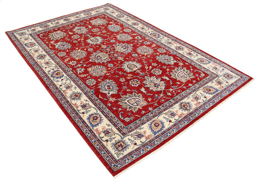 Traditional Hand Knotted Ziegler Farhan Wool Rug of Size 5'6'' X 7'9'' in Red and Ivory Colors - Made in Afghanistan