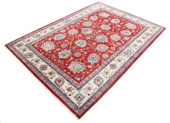 Traditional Hand Knotted Ziegler Farhan Wool Rug of Size 5'6'' X 7'9'' in Red and Ivory Colors - Made in Afghanistan