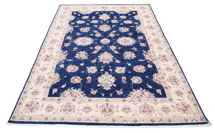 Traditional Hand Knotted Ziegler Farhan Wool Rug of Size 5'5'' X 7'9'' in Blue and Ivory Colors - Made in Afghanistan